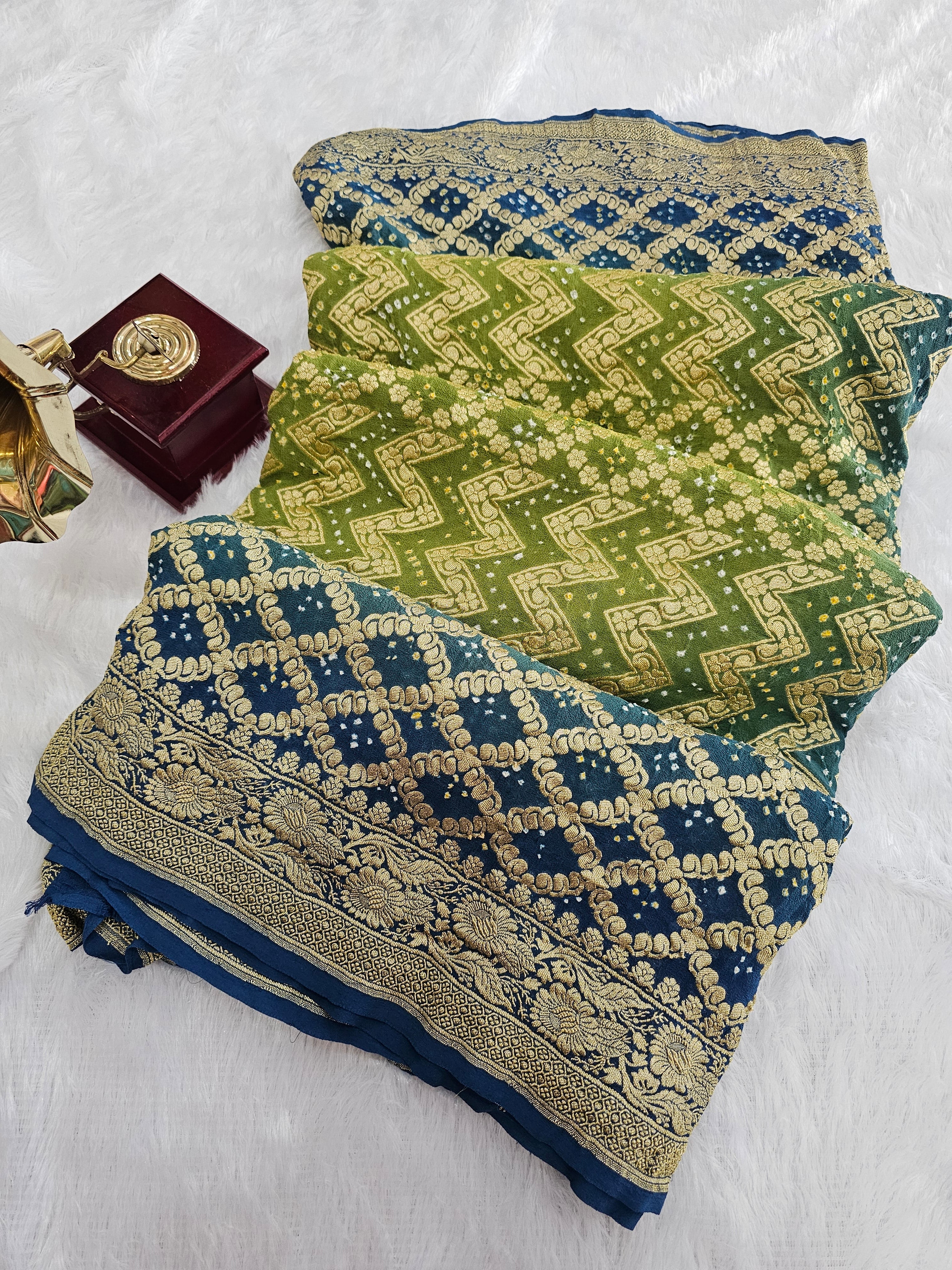 755005 Pure Georgette Blue and Green Color Rai Dana Bandhani Saree