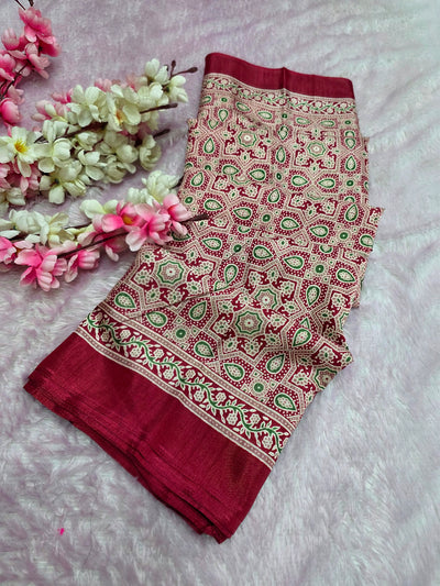 973001 Traditional Ajrakh Print Semi Dola Silk Saree - Red