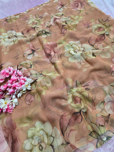 103901 Lightweight Elegant Semi Chiffon Flower Print Saree - Dusty Peach