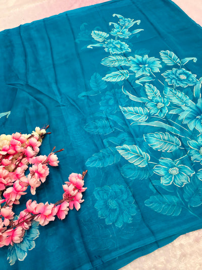 991003 Lightweight Elegant Semi Chiffon Flower Print Saree with Zari Print - Teal