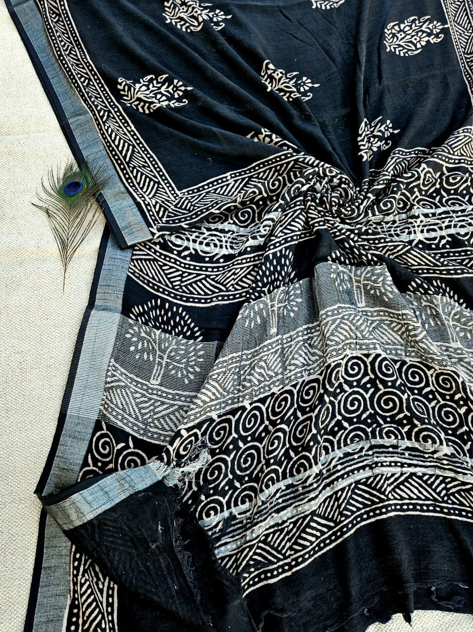 100203 Pure Rajasthani Natural Cotton Linen Hand Printed Saree