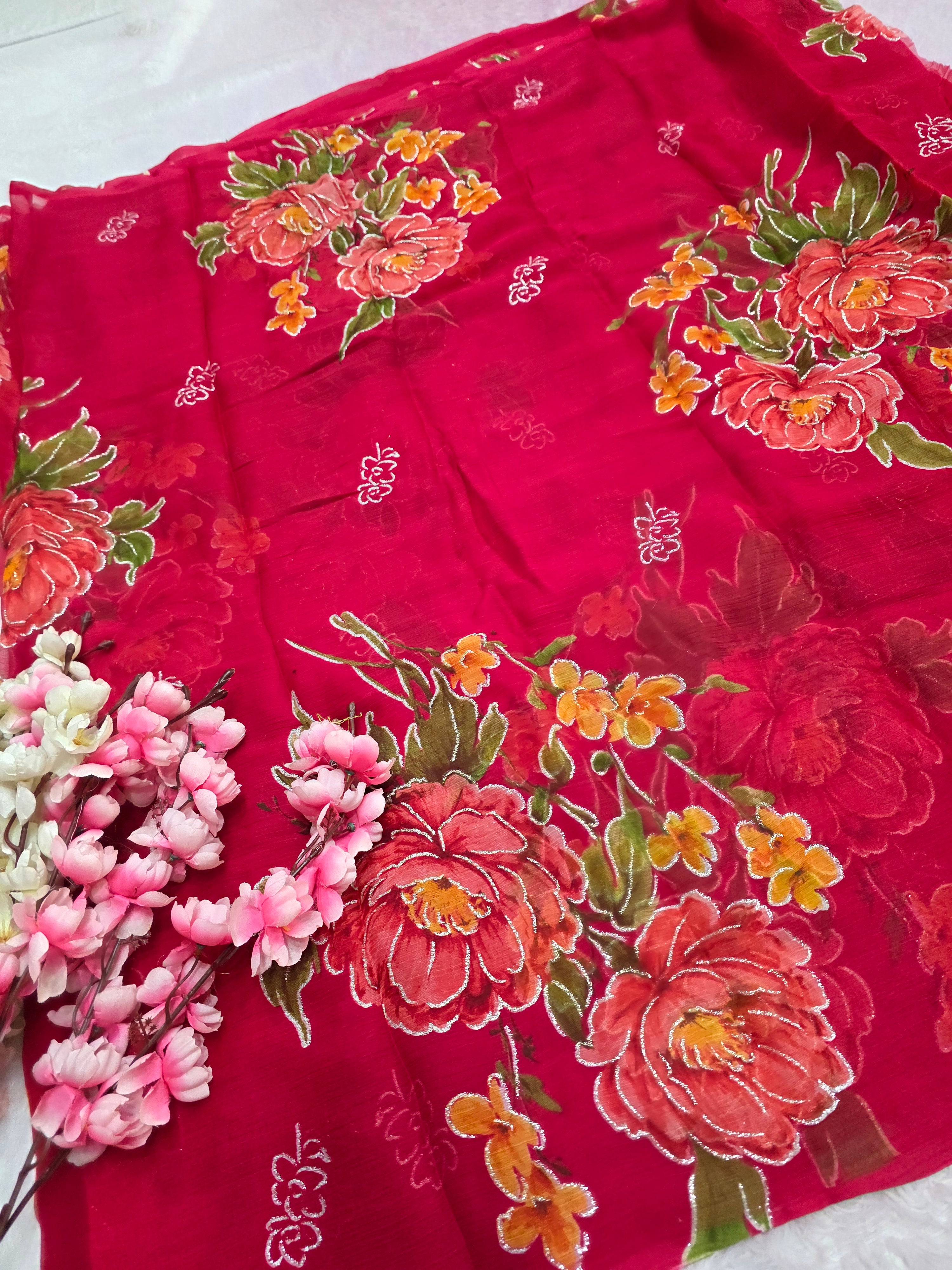 991002 Lightweight Elegant Semi Chiffon Flower Print Saree with Zari Print - Rani