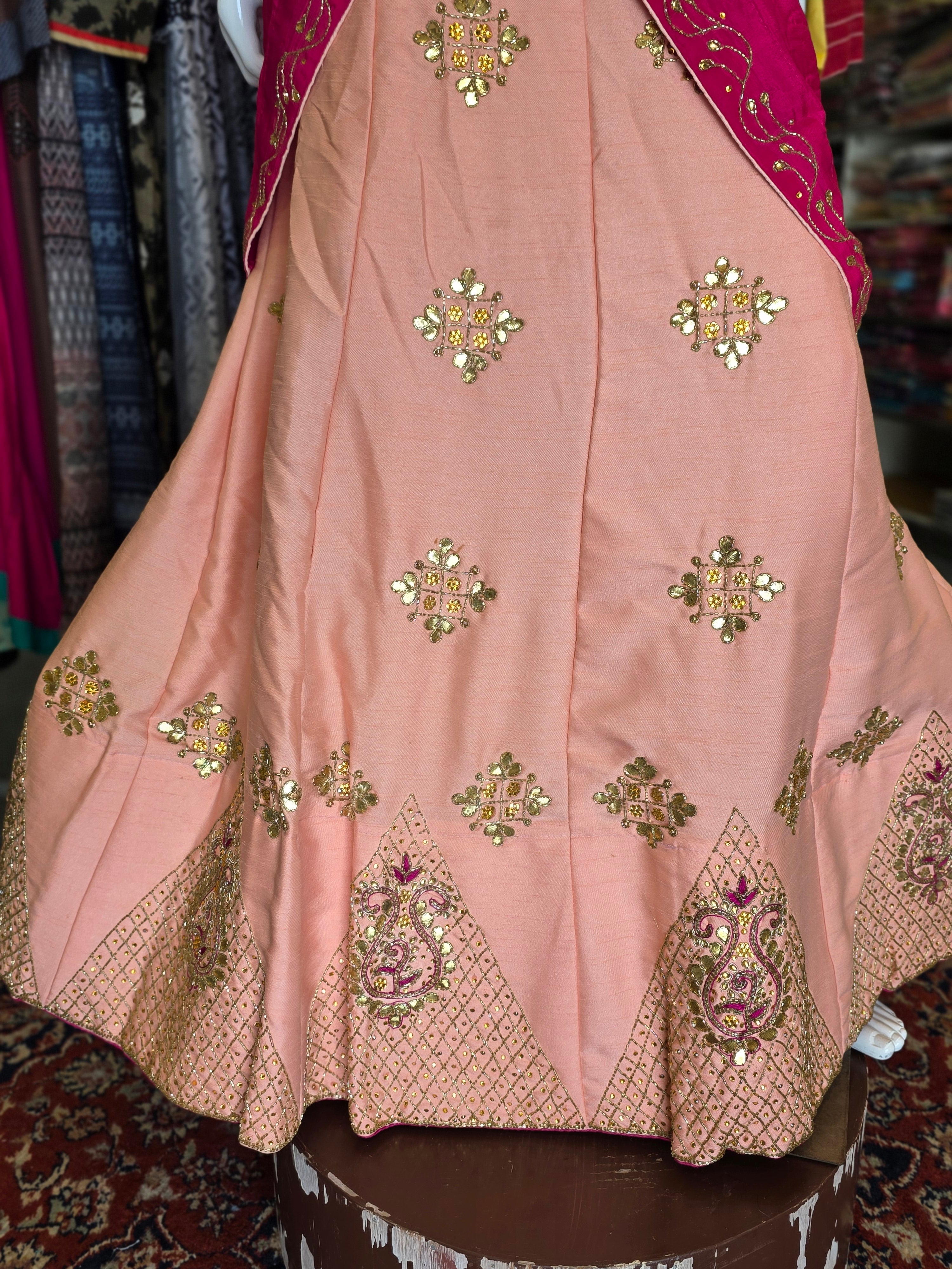 930002 Russian Silk Unstitched Lehenga with Hand Cutdana & Gota Work & Chinon Silk Dupatta