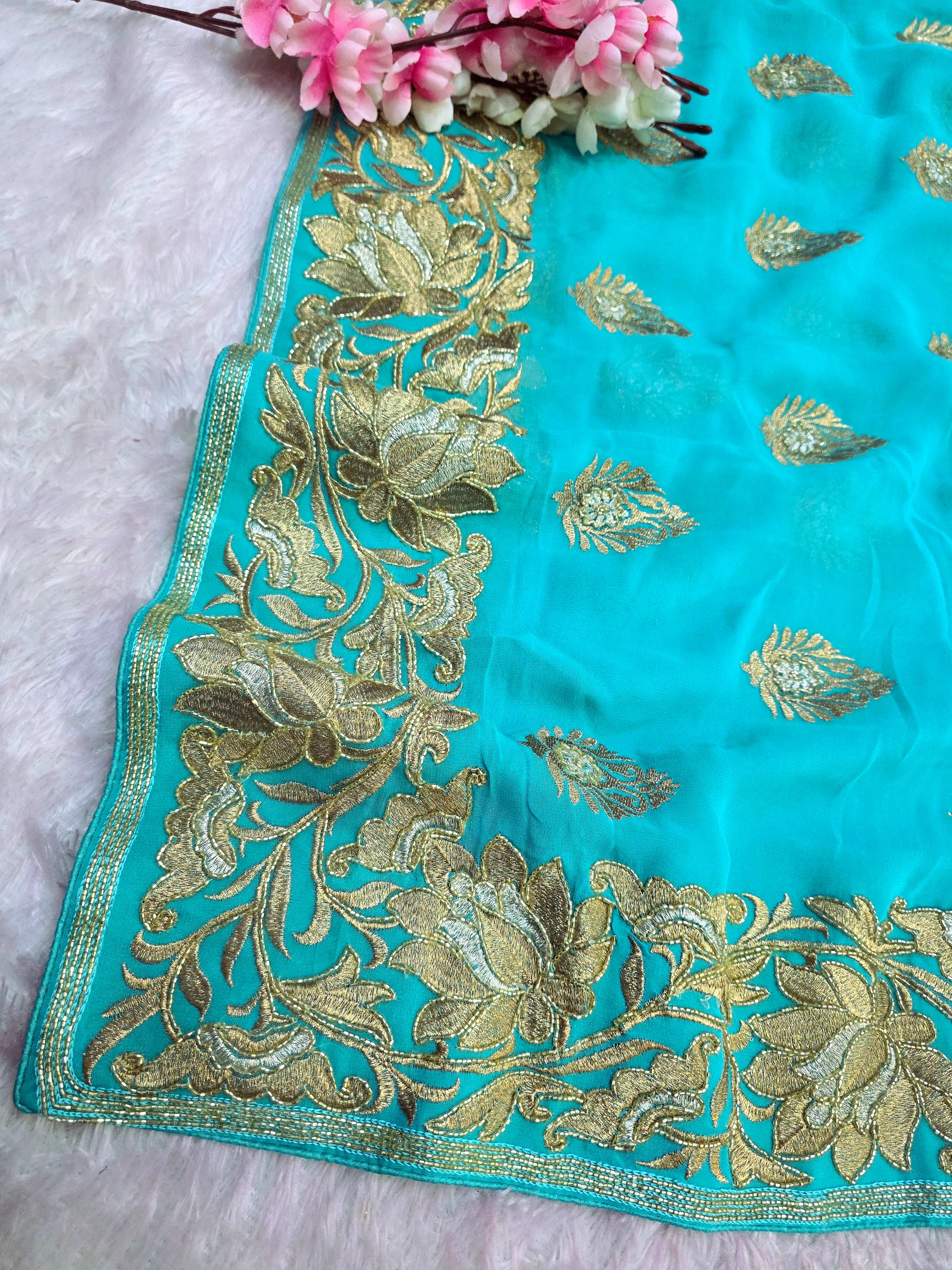 0493 Designer Pure Georgette Traditional Rajasthani Saree with Cutdana and Zari Work Saree