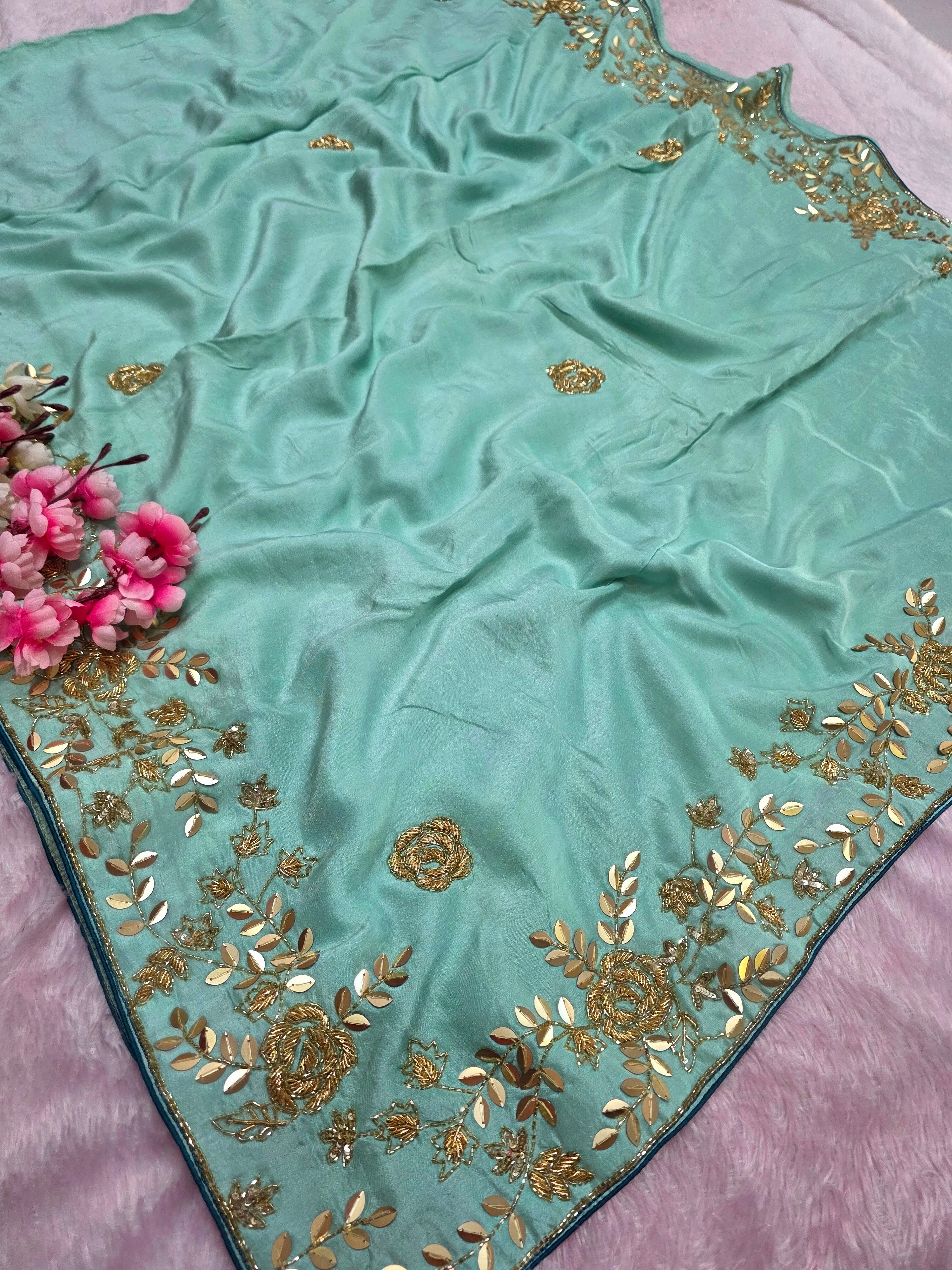 5100 Pure Russian Silk Beautiful Hand Crafted Designer Sea Green Saree with Heavy Blouse