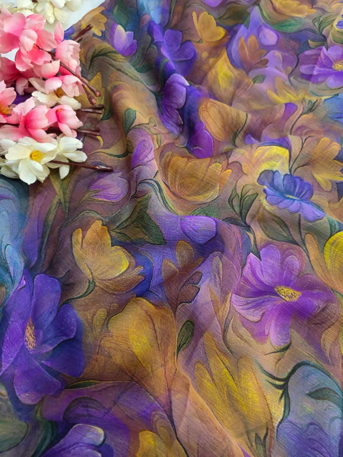 CA1469 Lightweight Elegant Semi Chiffon Flower Print Saree - Purple Mustered