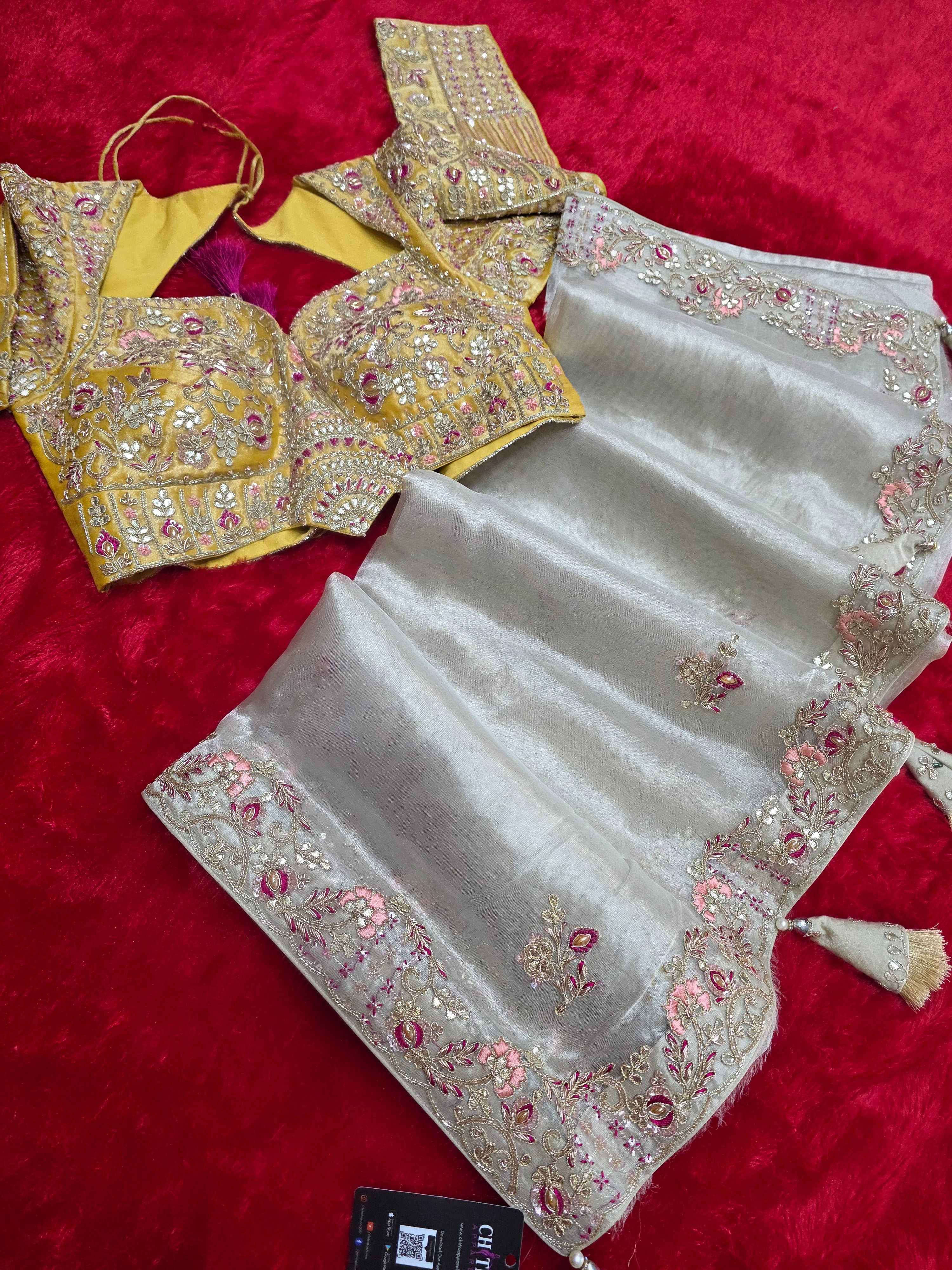 11783 Premium Beige Pure Tissue Silk Saree with Zardosi Handwork & Designer Blouse