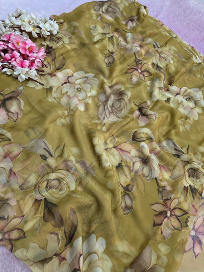 103901 Lightweight Elegant Semi Chiffon Flower Print Saree - Mehandi