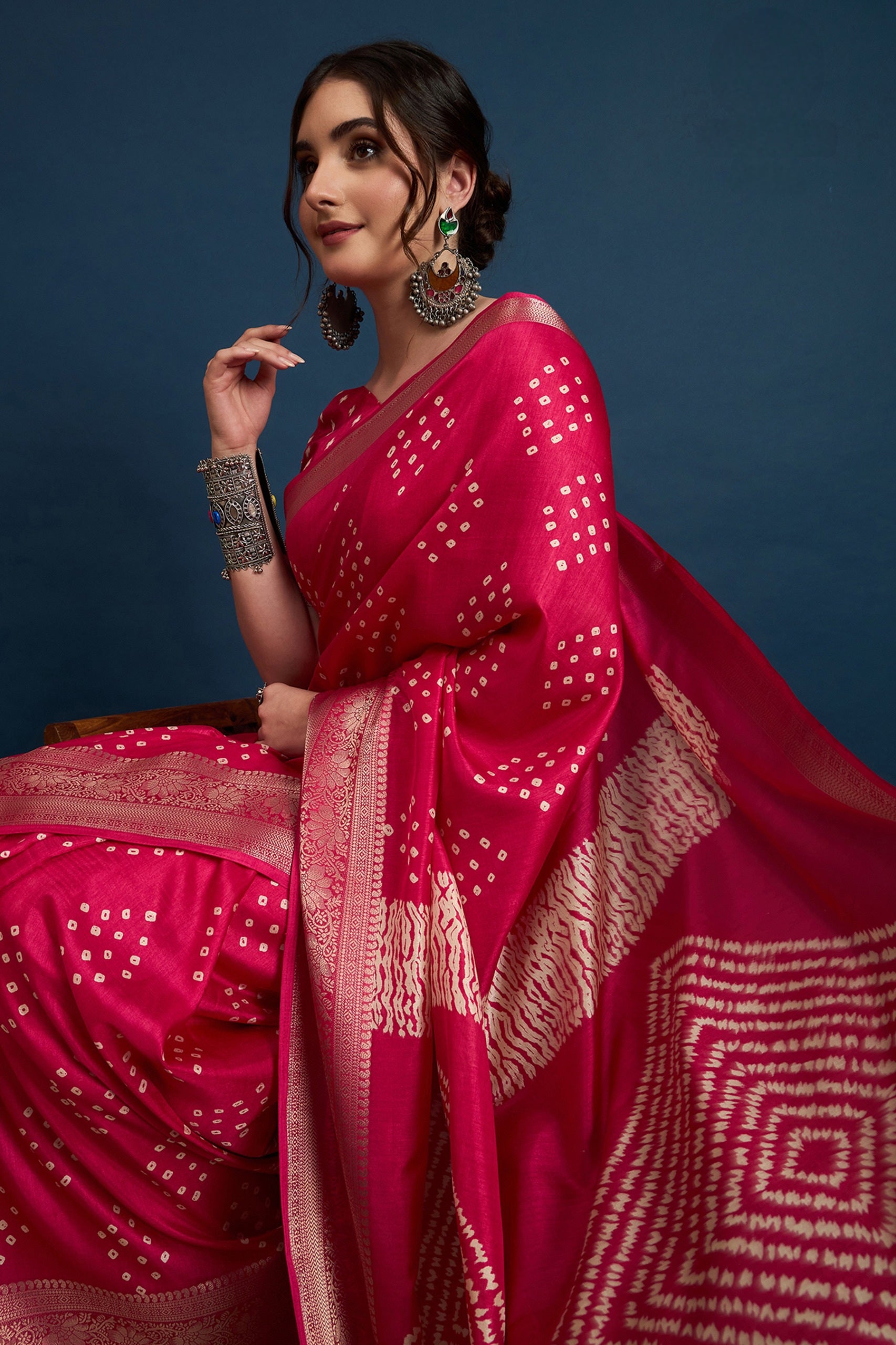 2422 Soft Semi Dola Silk Bandhani Print Saree with Banarasi Border - Rani