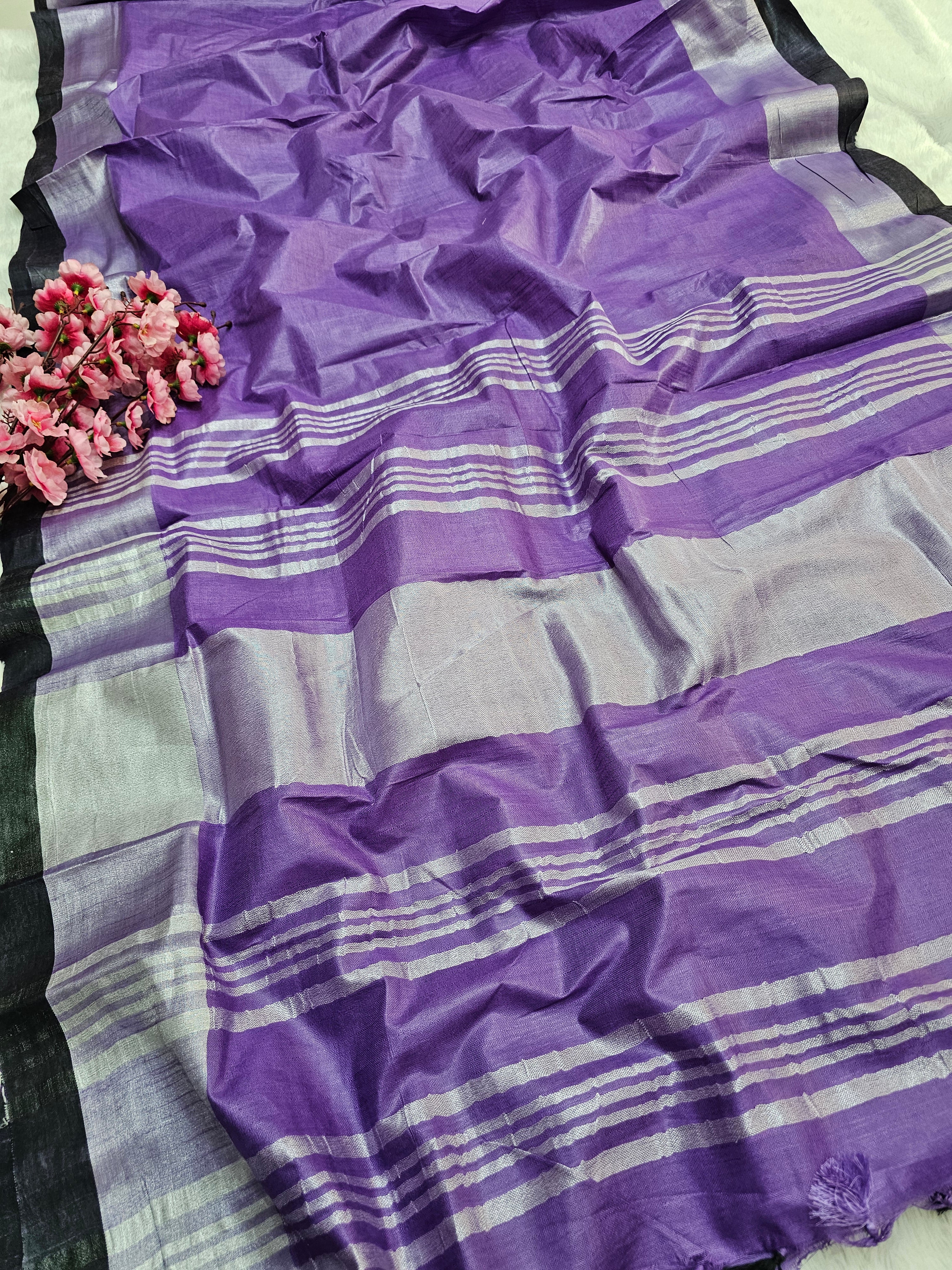782014 Plane Linen Saree With CONTRAST Blouse purple