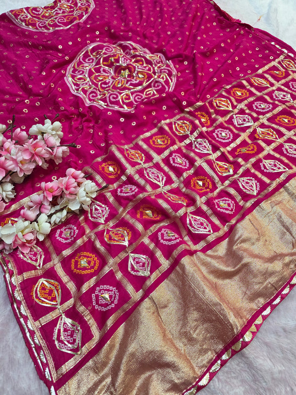 967002 Traditional Bandhani with Ghatchola Pallu Saree with Gota Patti Work - Rani