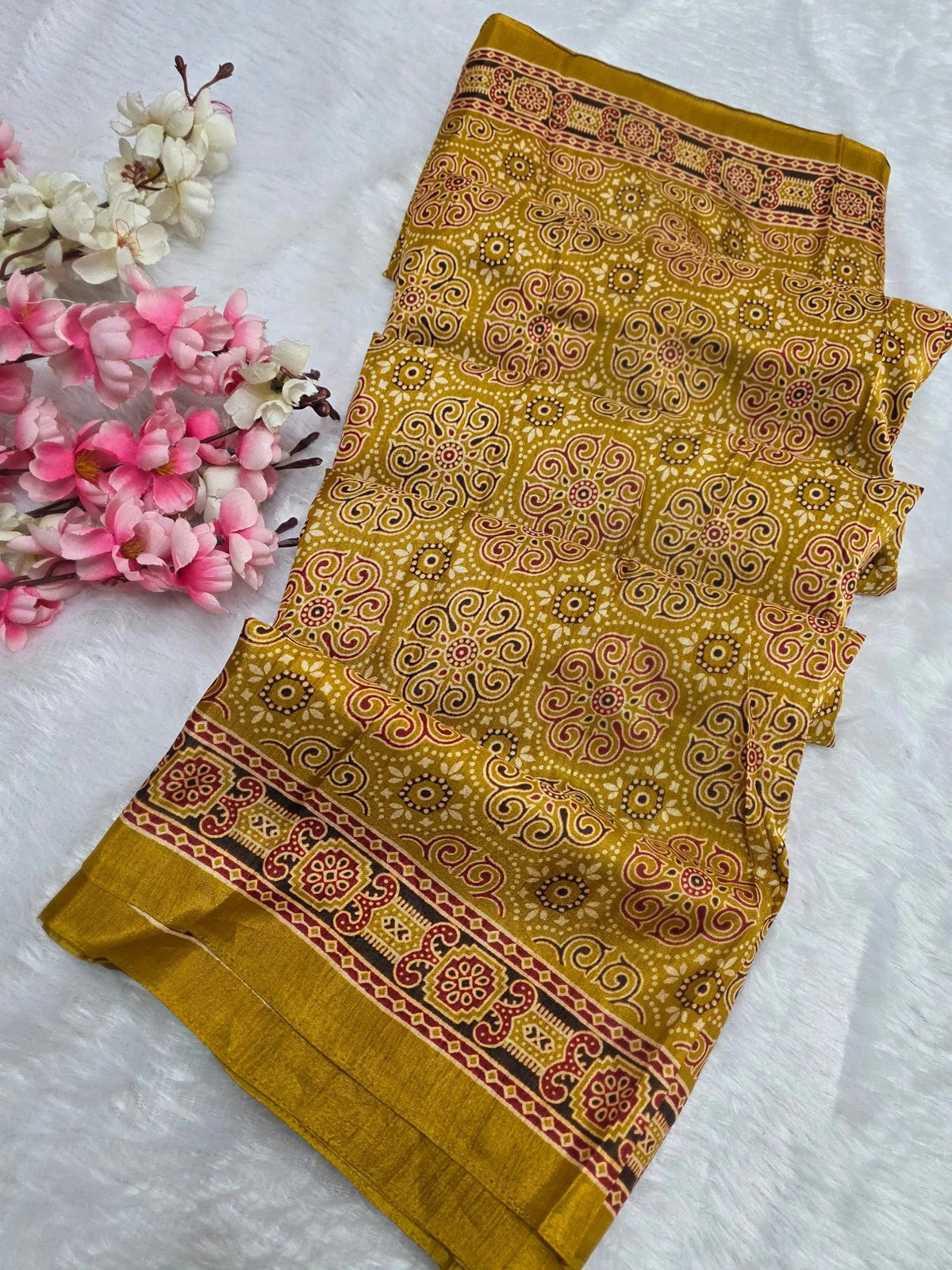 DS150 Semi Dola Silk Ajrakh Print Saree - Yellow
