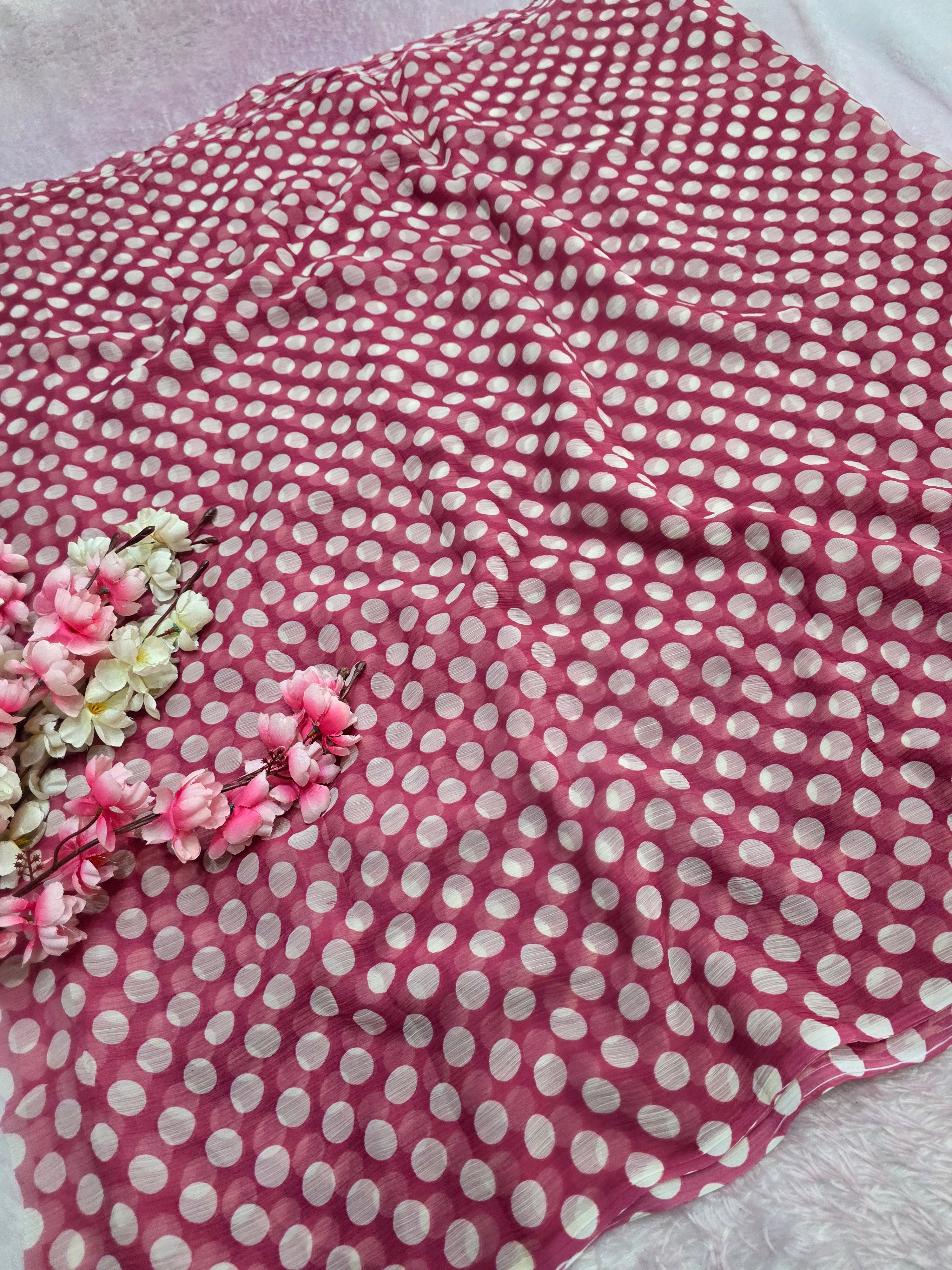 845003 Lightweight Elegant Semi Chiffon Polki Dot Print Saree - Light Wine