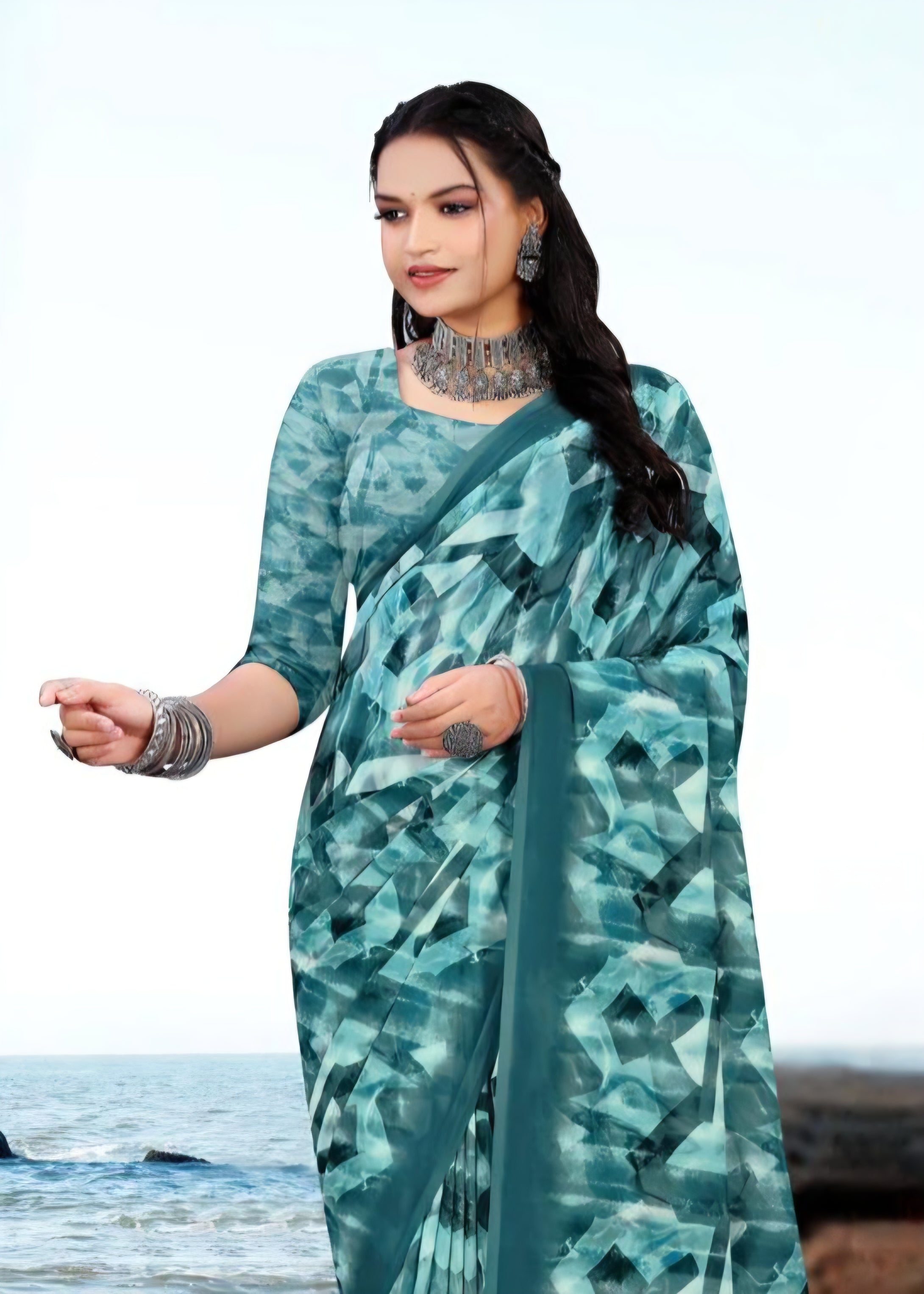 626009 हैवी जॉर्जेट डिजिटल प्रिंट साड़ी