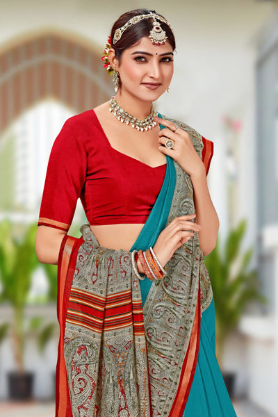 920002 Very Soft and Premium Looking Cotton Saree with Zari Border - Teal Blue