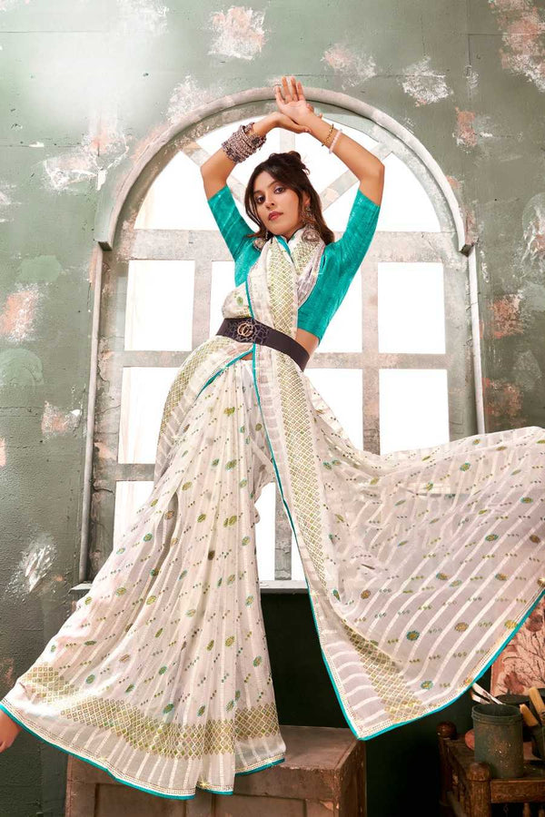 942001 Very Elegant Chiffon Crepe Silk Print Saree with Swarovski on Border - Blue