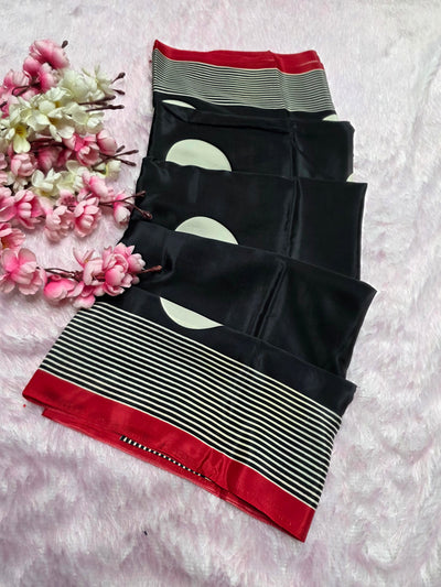 939001 Retro Style Polka Dots Print Satin Silk Saree - Black