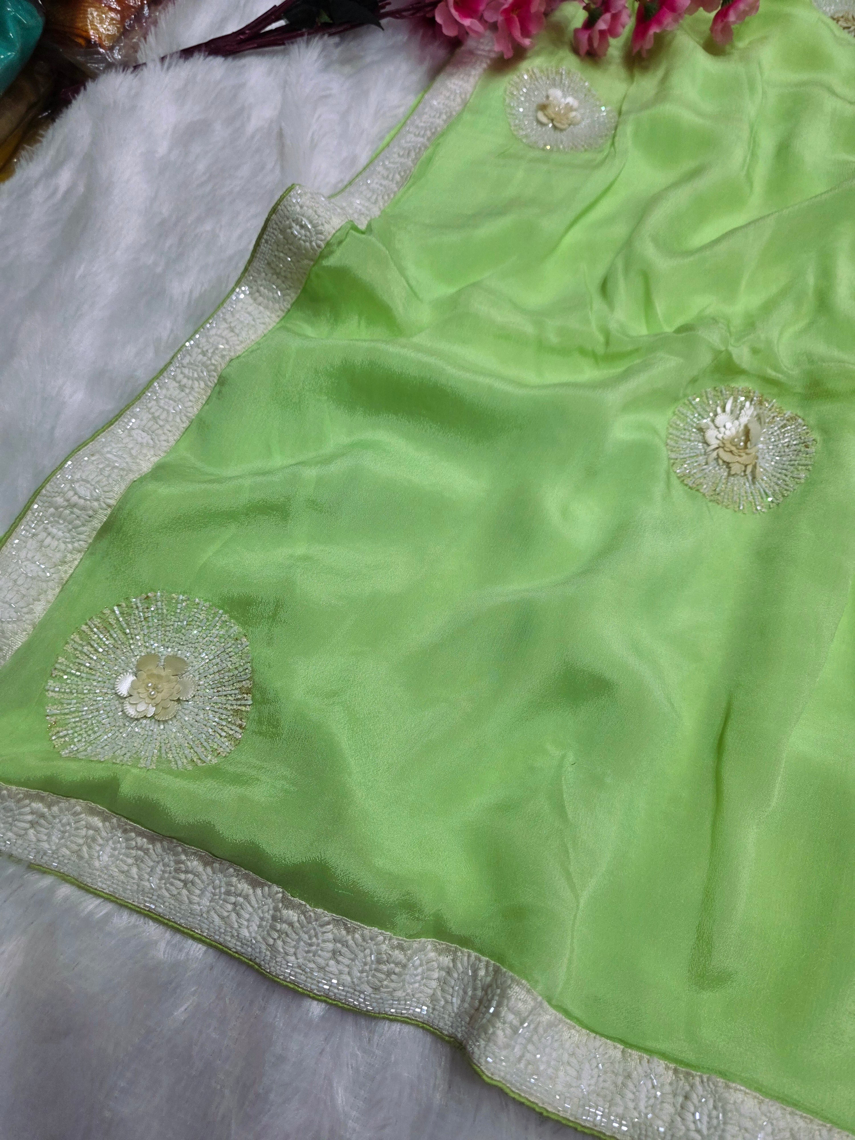 C78008 Exclusive Fancy Pure Chinon Silk Saree with White Cutdana Work green