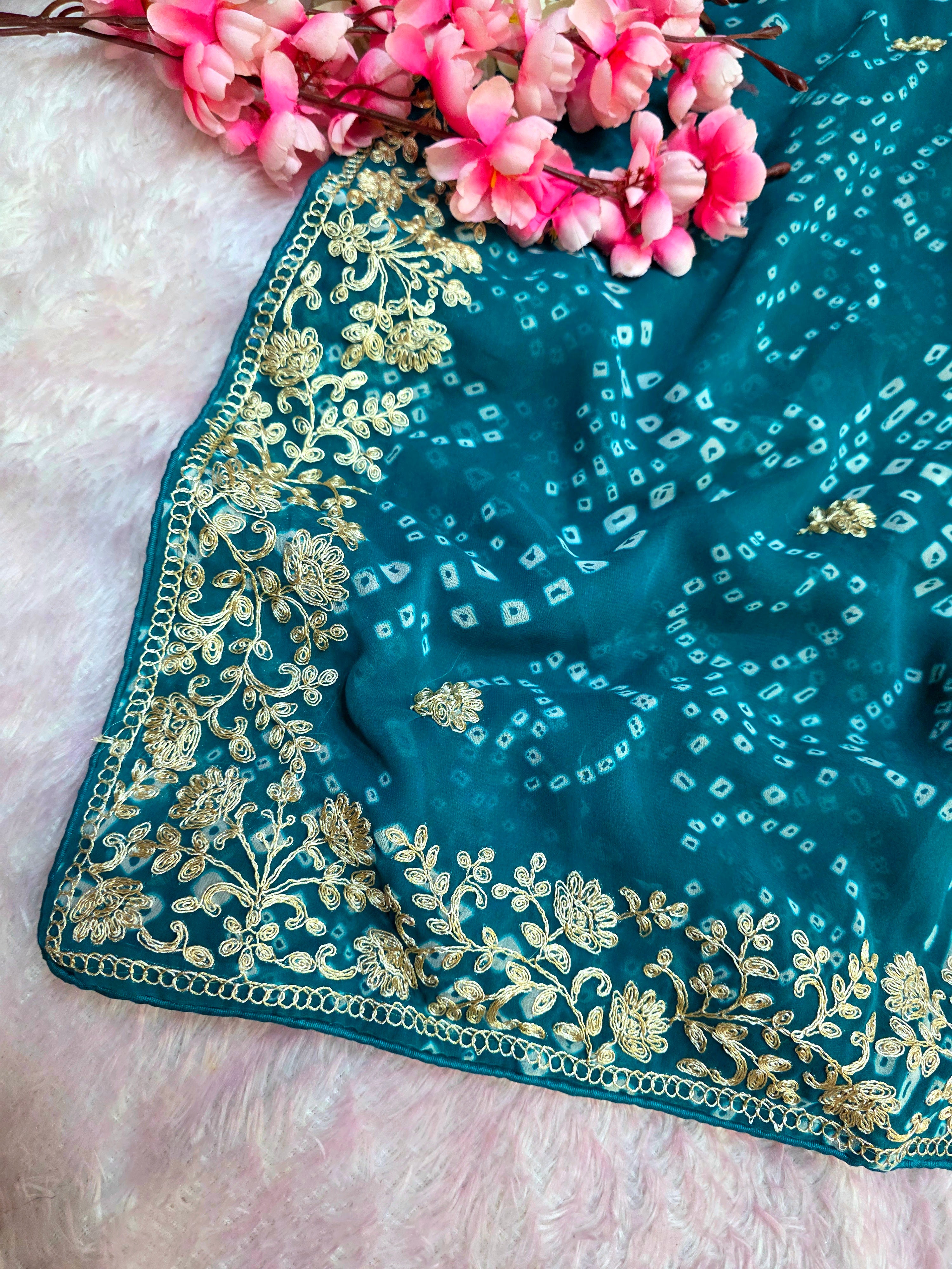 967001 Rajasthani Traditional Georgette Bandhani Saree with Pitta Work - Teal Blue