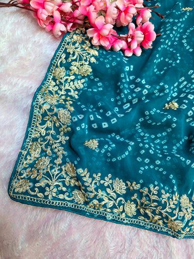 967001 Rajasthani Traditional Georgette Bandhani Saree with Pitta Work - Teal Blue