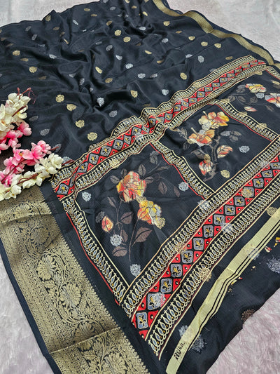994003 Beautiful Soft Wrinkle Chinon Silk Zari Weaving Saree With Printed Pallu - Black