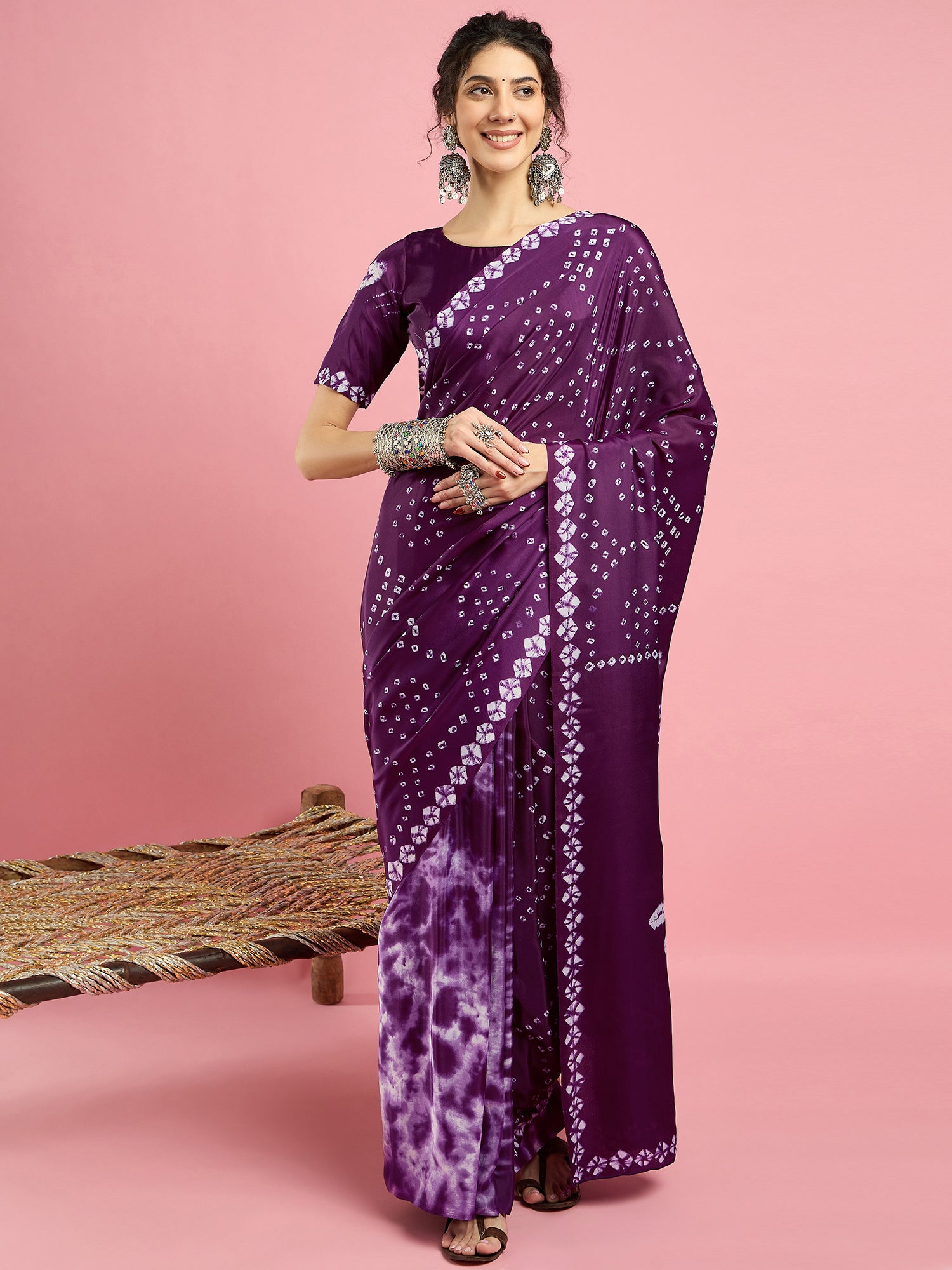 2044 Traditional Bandhani with Shibori Print Soft Satin Silk Saree - PURPLE