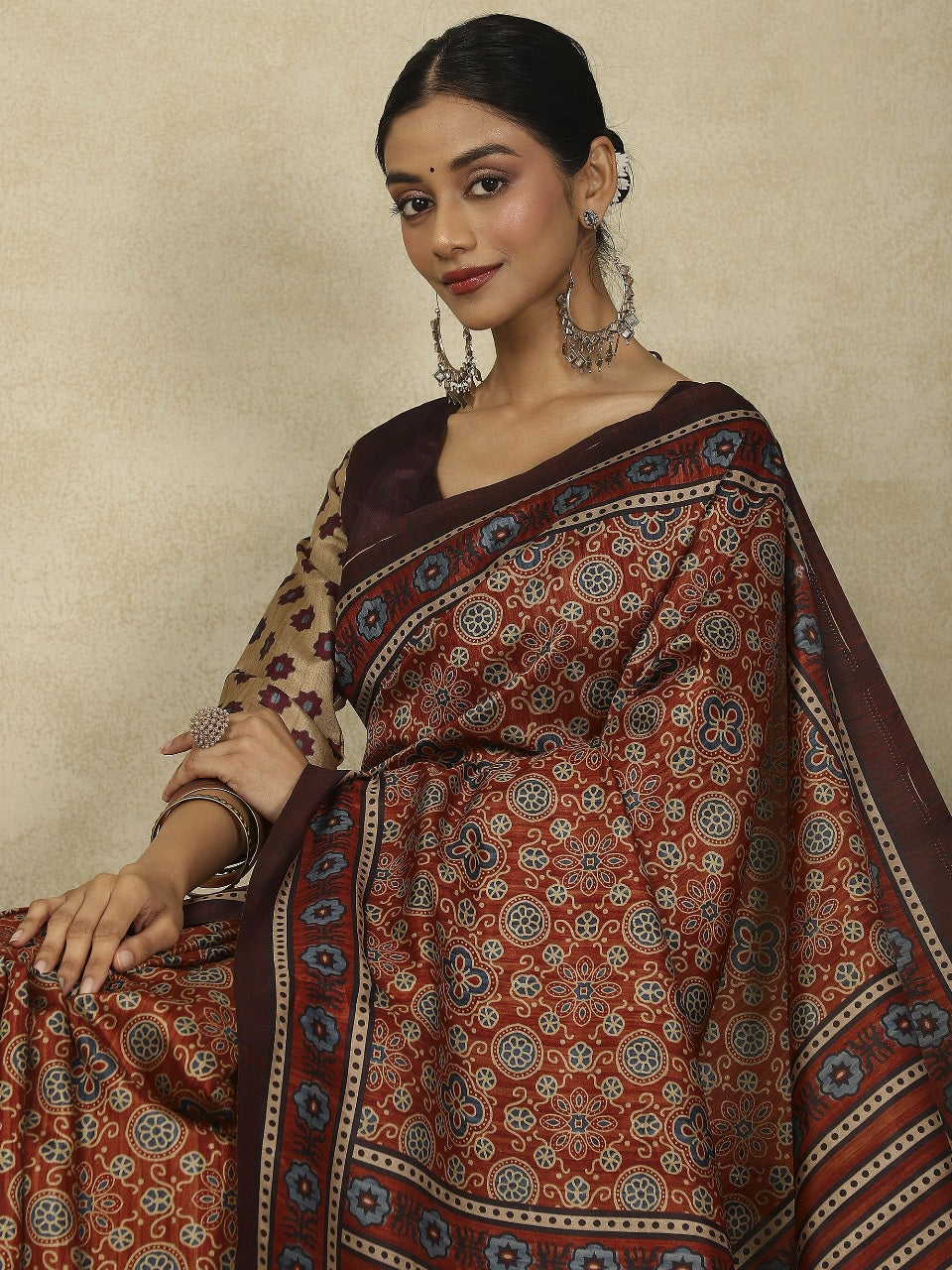 970008 Traditional Ajrakh Print Kozy Silk Light Weight Saree