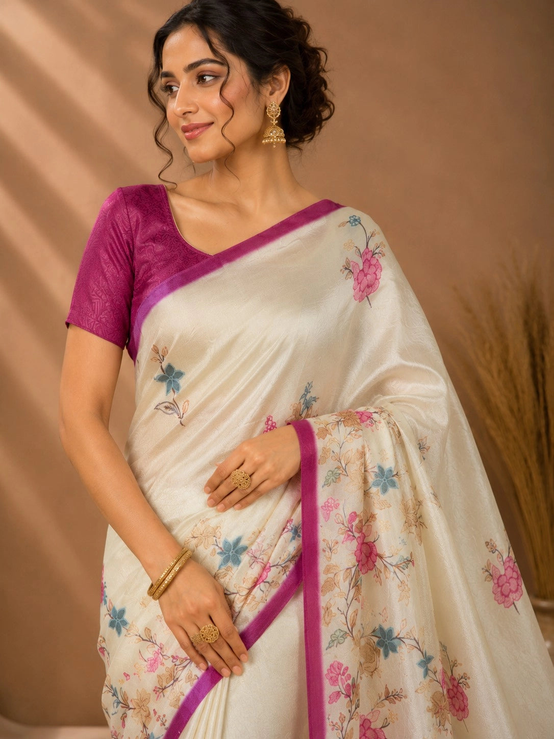 101002 Exclusive Pure Tusser Silk Traditional Flower Print Saree
