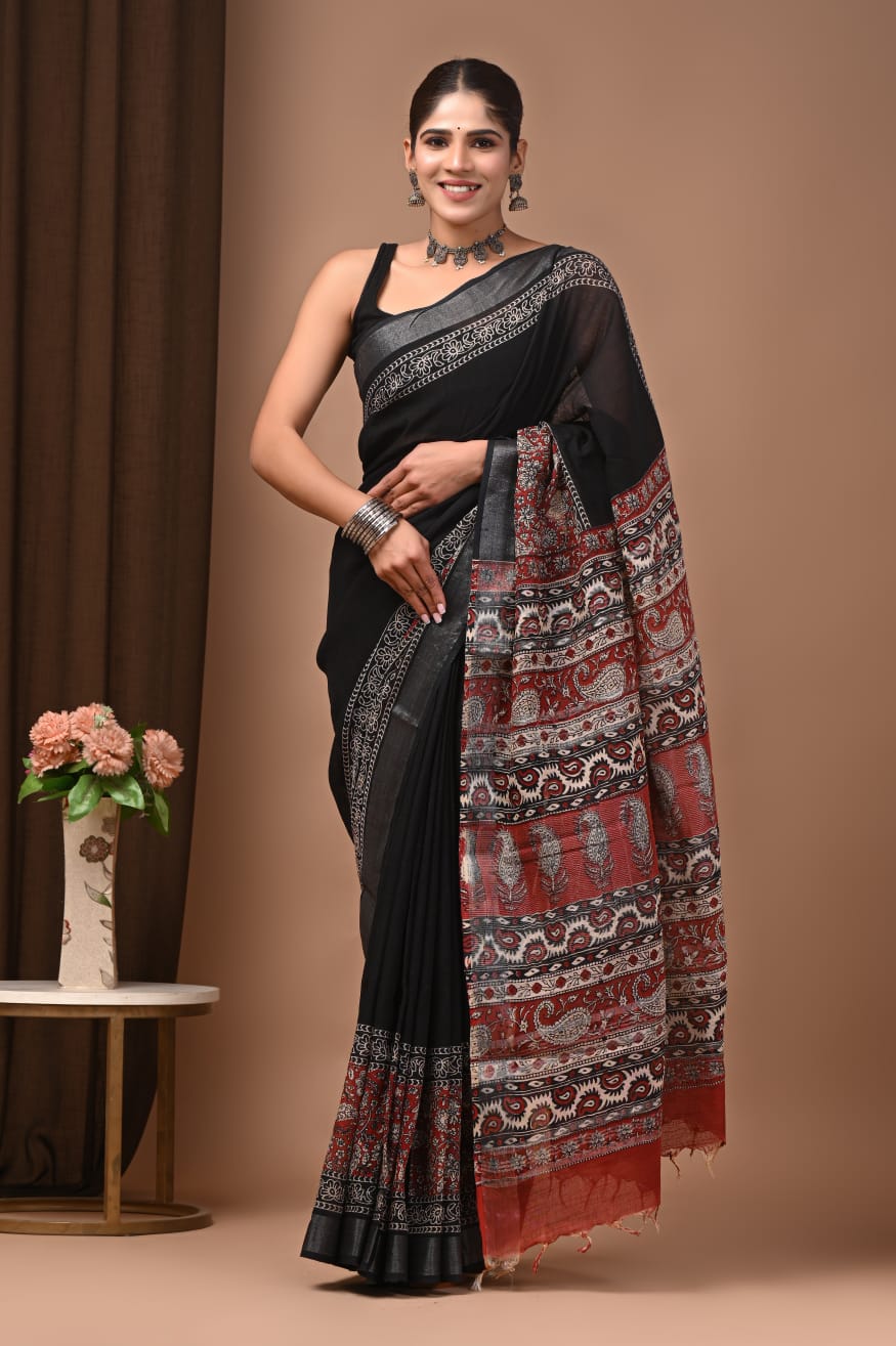 100205 Pure Rajasthani Natural Cotton Linen Hand Printed Saree