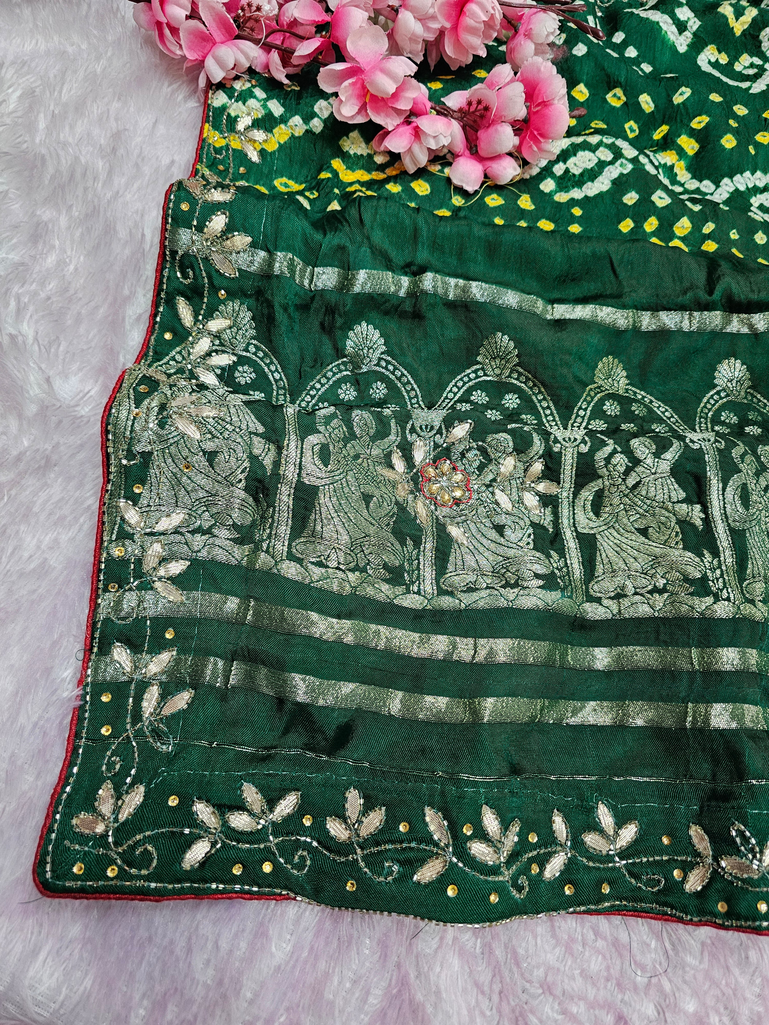 987008 Traditional Modal Gajji Silk Hand Bandhani Saree with Hand Gota Patti Work - Green