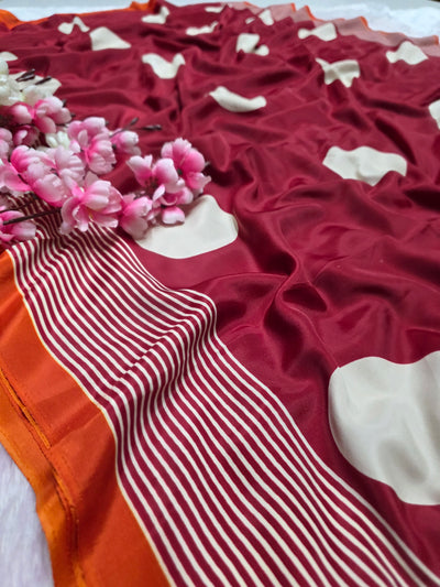 939001 Retro Style Polka Dots Print Satin Silk Saree - Maroon Red