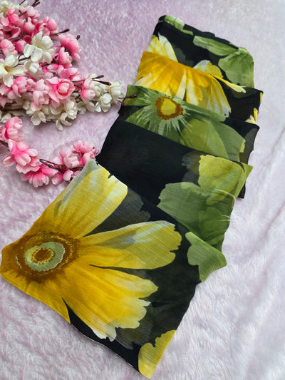 103904 Lightweight Elegant Semi Chiffon Flower Print Saree - Black