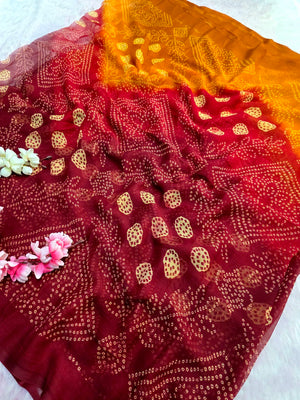 CA1480 Lightweight Elegant Semi Chiffon Bandhani Print Saree - Musters Wine
