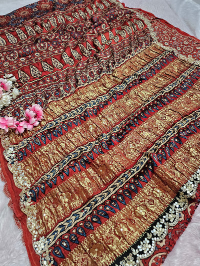 CA1006 Pure Modal Silk Hand Ajrakh Saree with Aari - Tari Work - Maroon