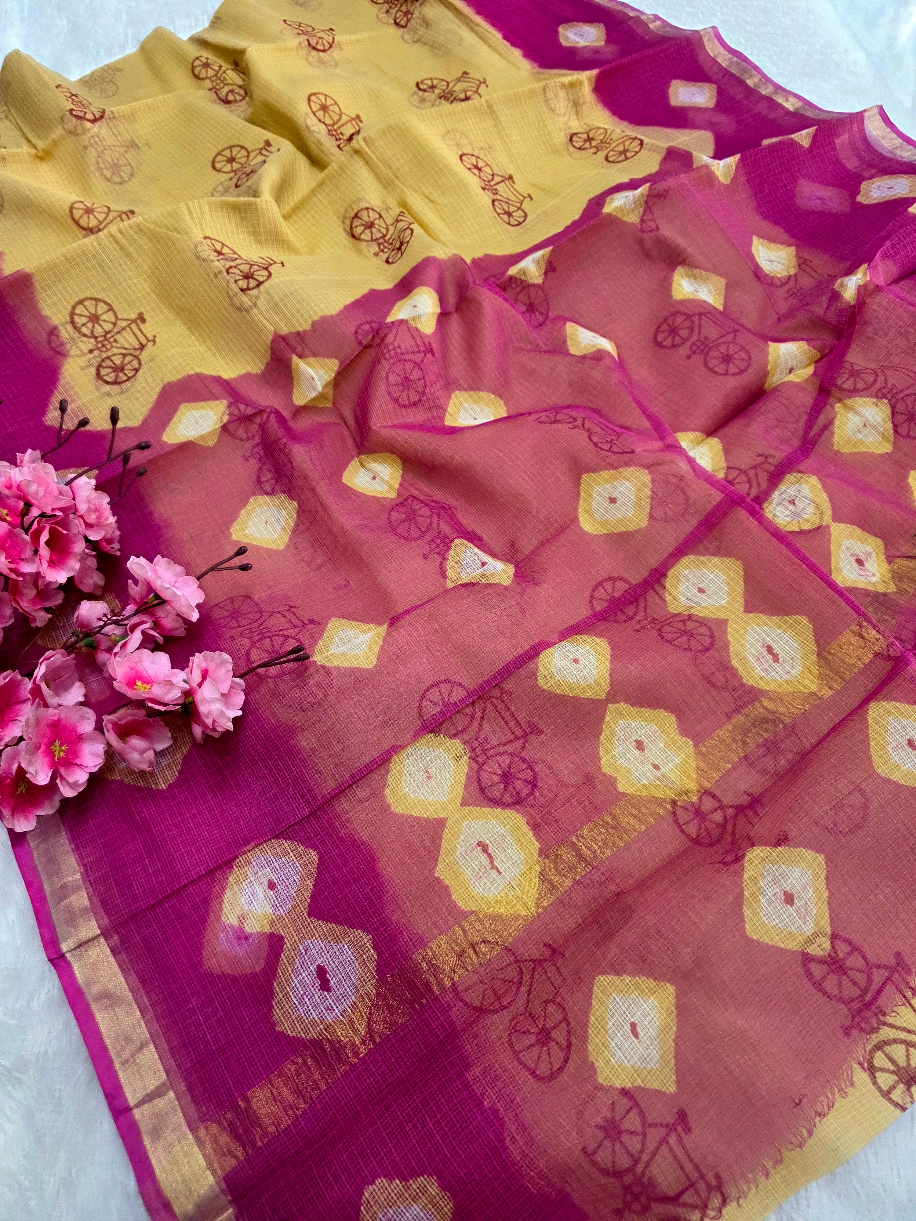 595002 शुद्ध कोटा डोरिया हैंडब्लॉक्ड प्रिंटेड साड़ी 