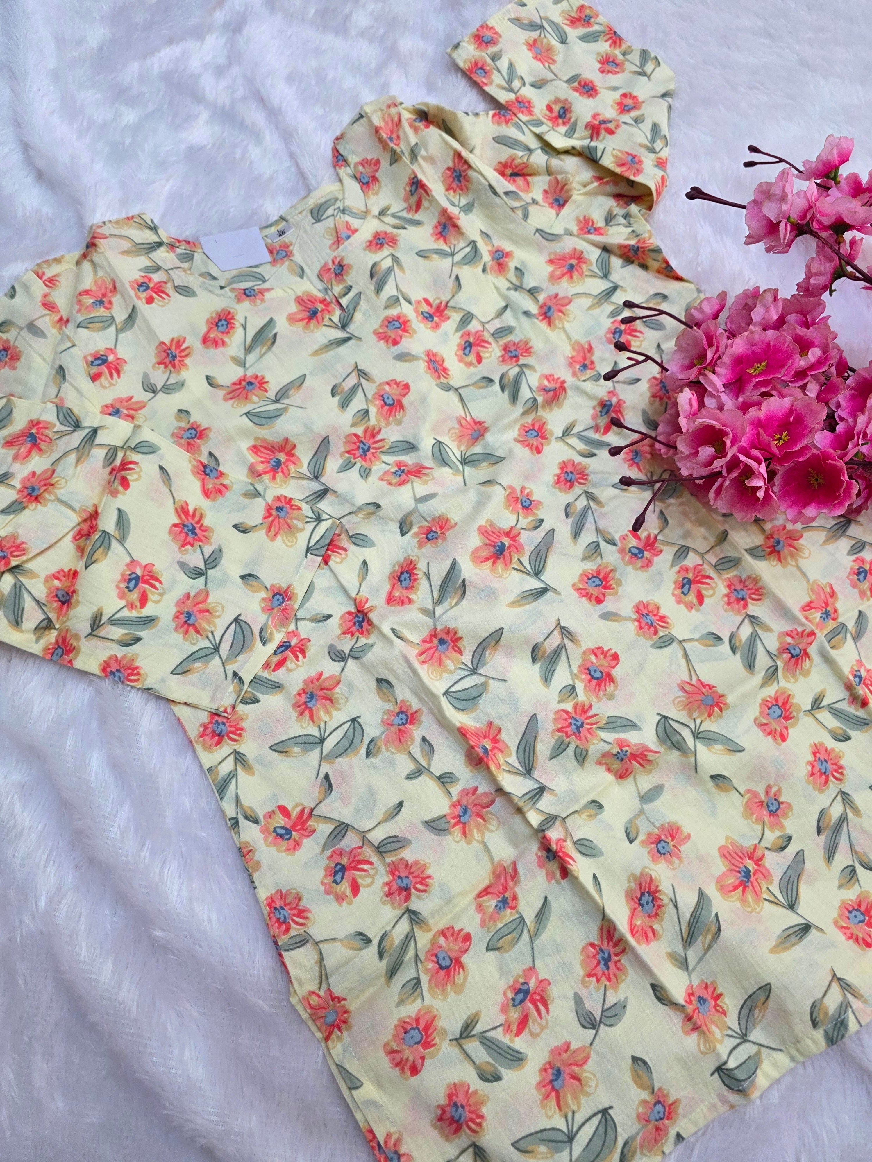 1758 Pure Cotton Hand Block Printed Shot Kurtis (Cream)