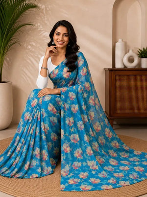 CA1031 Lightweight Elegant Semi Chiffon Flower Print Saree - Firozi