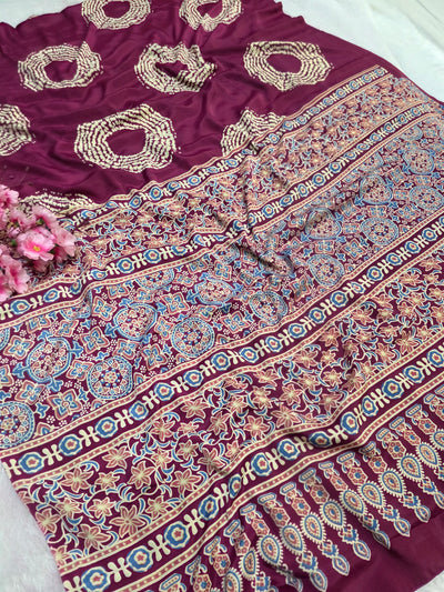 939002 Traditional Ajrakh Print with Shibori Satin Silk Saree - Wine