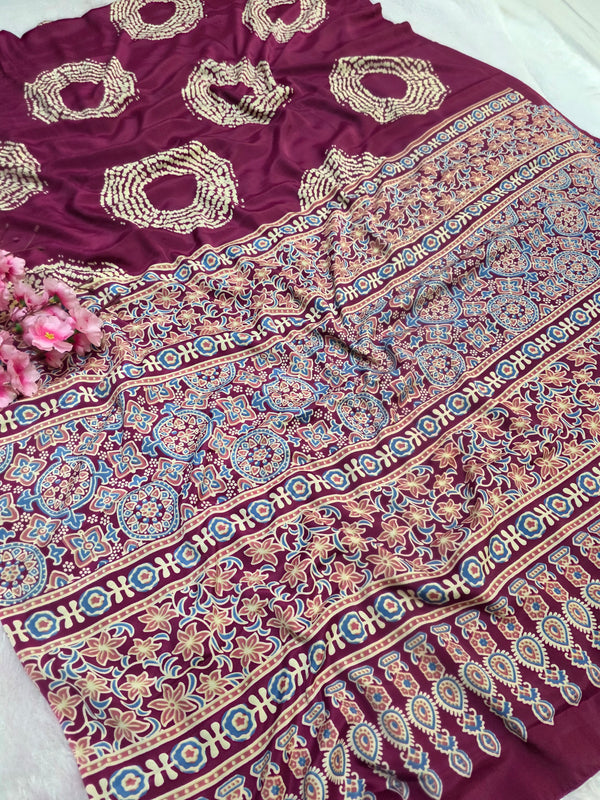 939002 Traditional Ajrakh Print with Shibori Satin Silk Saree - Wine