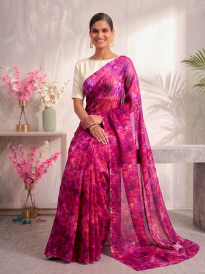 CA1019 Lightweight Elegant Semi Chiffon Flower Print Saree - Rani
