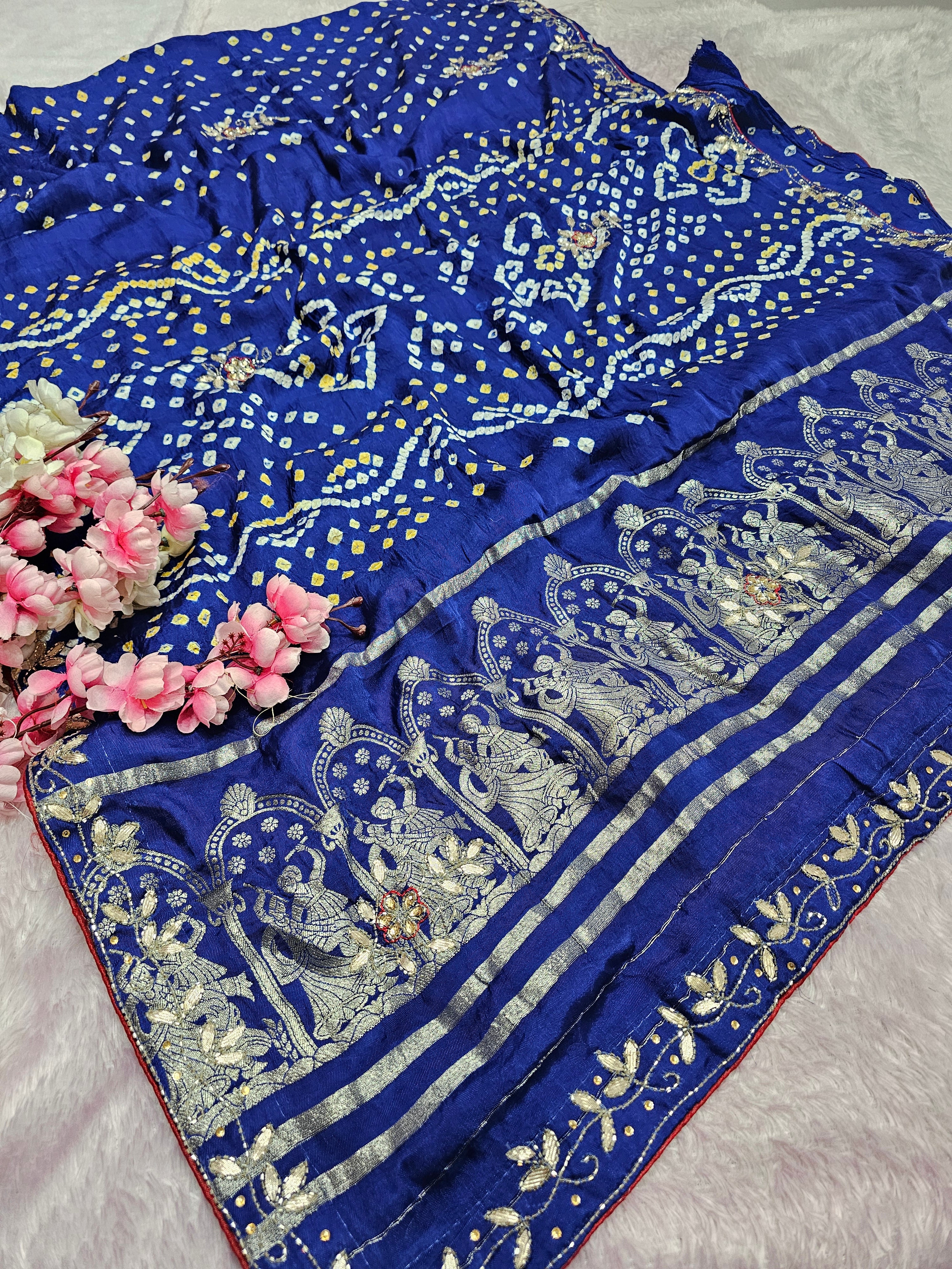 987008 Traditional Modal Gajji Silk Hand Bandhani Saree with Hand Gota Patti Work - Blue