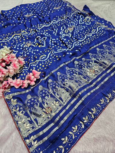 987008 Traditional Modal Gajji Silk Hand Bandhani Saree with Hand Gota Patti Work - Blue