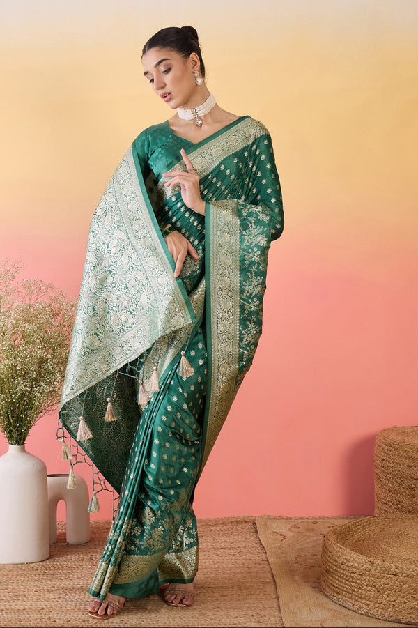 912003 Small Butta Banarasi Satin Silk Saree - Green