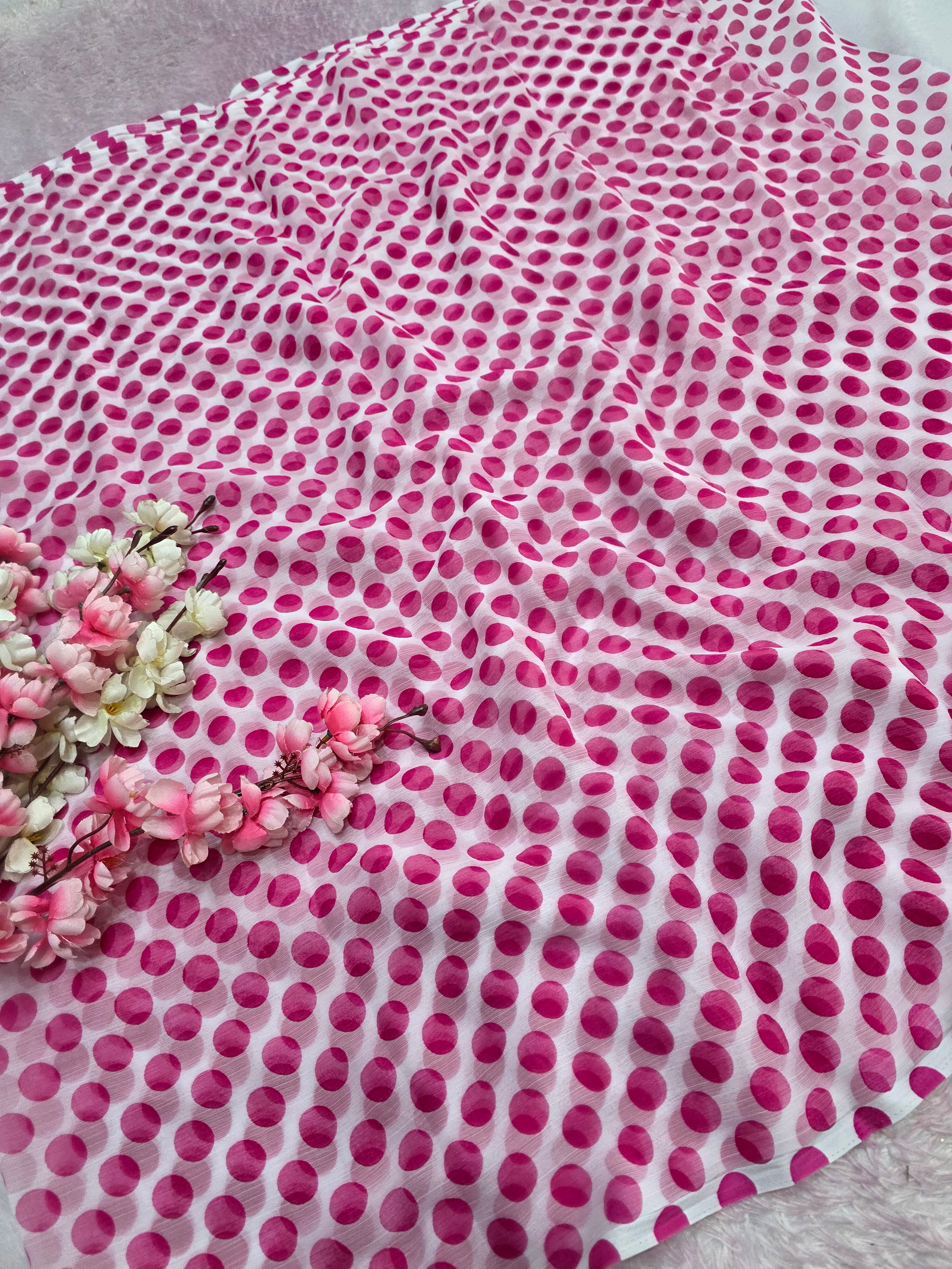 845003 Lightweight Elegant Semi Chiffon Polki Dot Print Saree - White Pink