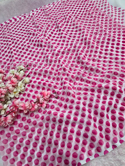 845003 Lightweight Elegant Semi Chiffon Polki Dot Print Saree - White Pink