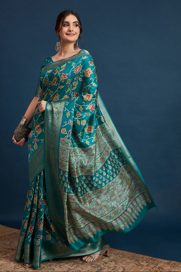 911001 Soft Cotton Silk Patola Print Saree with Banarasi Border - Teal