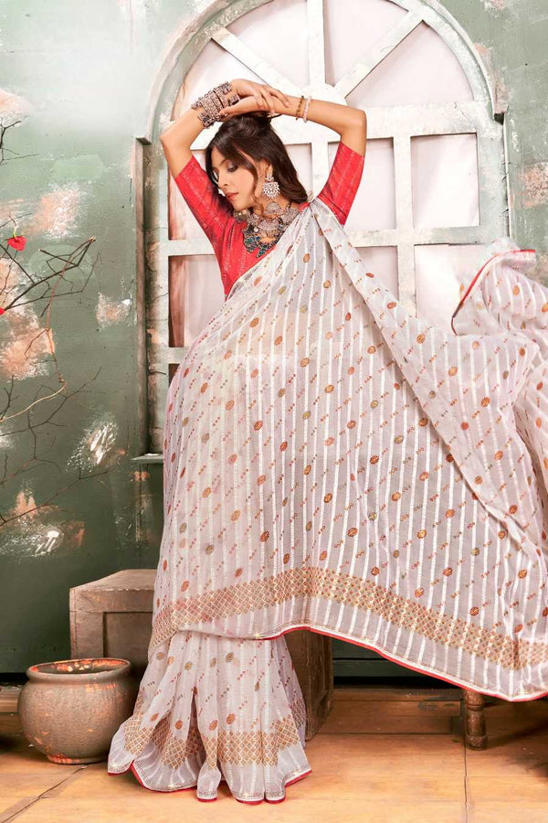 942001 Very Elegant Chiffon Crepe Silk Print Saree with Swarovski on Border - Red