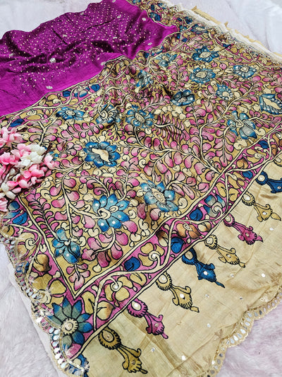 CA1022 Pure Tusser Silk Kalamkari Wine Saree