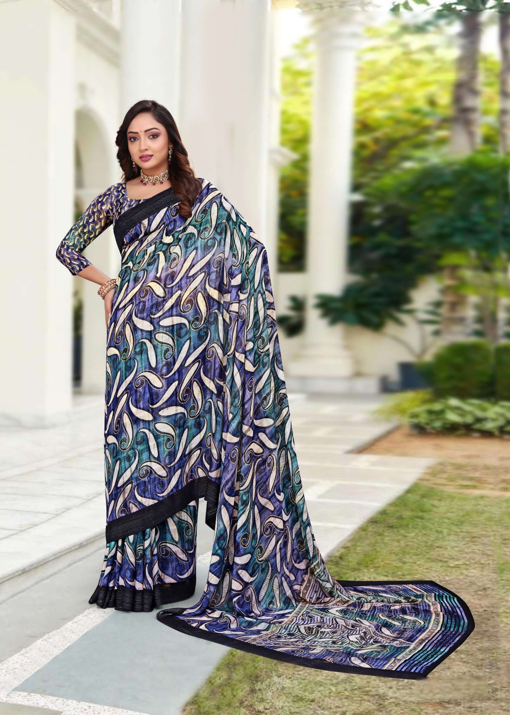 914002 Premium Georgette Saree with Unique Print - Blue