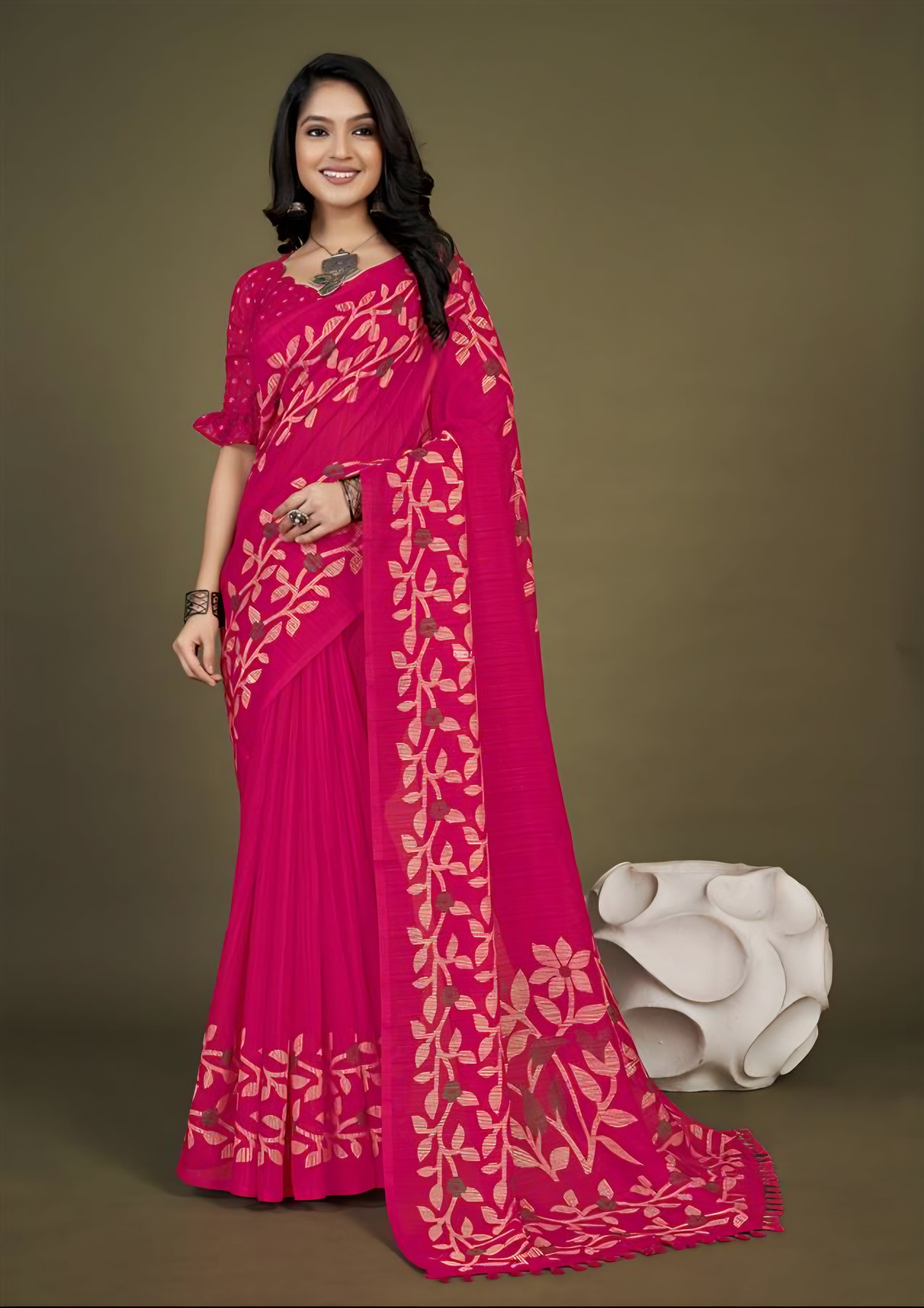 974001 Soft And Very Light Weight Jute Silk Flower Print Saree - Rani